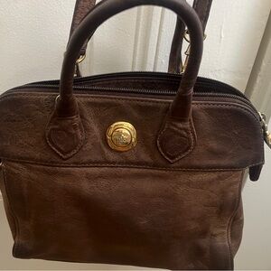90s Vintage Chloé Brown Leather Satchel with Gold Logo Accent